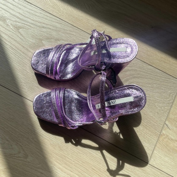 ZARA METALLIC PLATFORM HEELED SANDALS STRAPPY PURPLE - US 8 - Picture 13 of 14